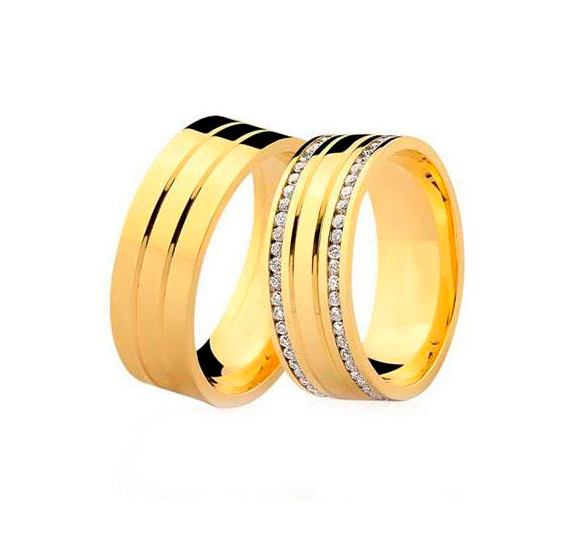 Aliança de casamento em ouro18k Reta com pedras em cravação trilho - PAR - OROS