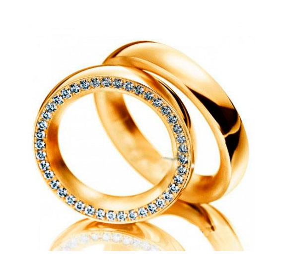 Aliança de casamento em ouro18k com pedra na borda - PAR - OROS