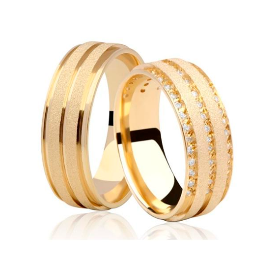 Aliança de casamento em ouro18k  Reta com acabamento fosco diamantado  - PAR - OROS