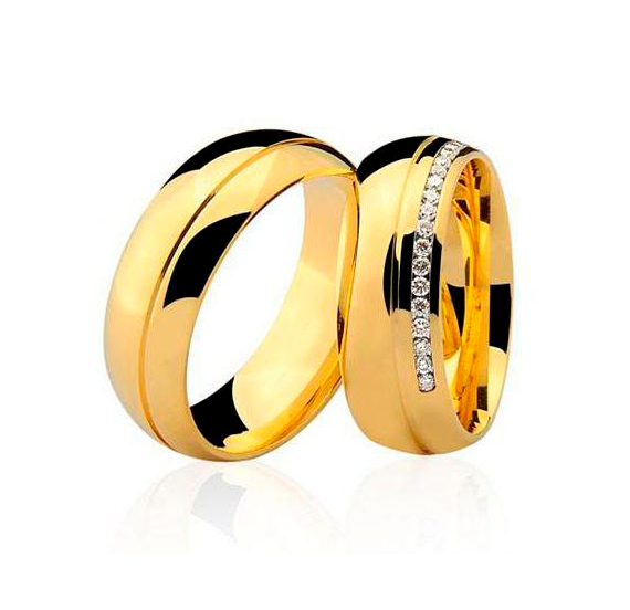 Aliança de casamento em ouro18k Abaulada com cravação trilho - PAR - OROS