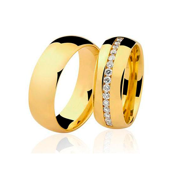 Aliança de casamento em ouro18k Abaulada com pedras em cravação trilho - PAR - OROS