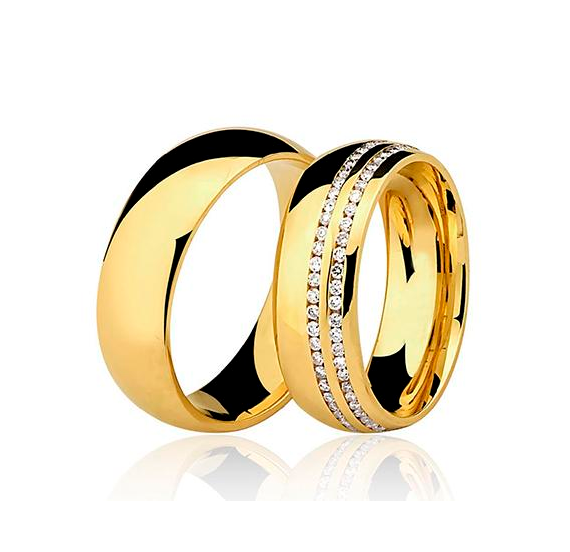Aliança de casamento em ouro18k Abaulada com pedras cravação trilho - PAR - OROS